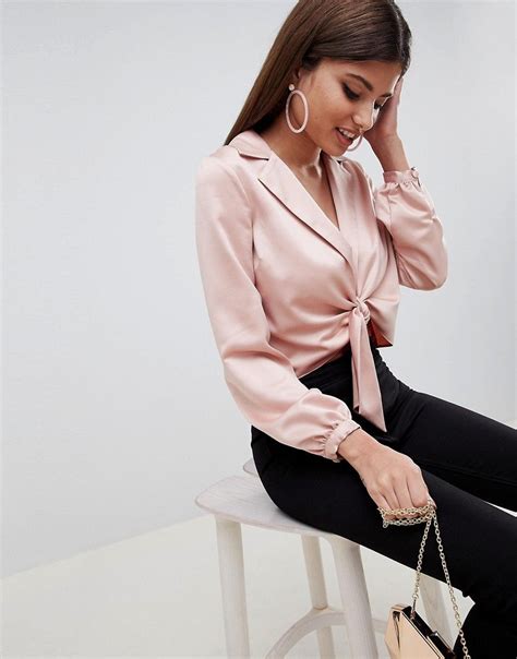 asos design satin tie front top  collar baby pink shirt perfect  work workwear