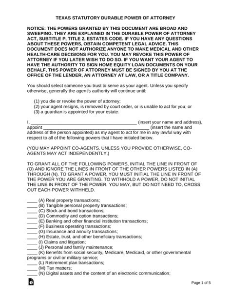 texas durable statutory power  attorney form  word eforms
