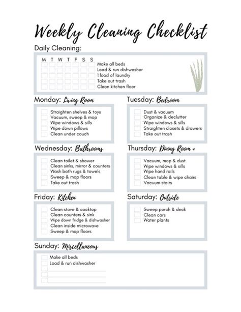 customizable weekly cleaning checklist printable cleaning etsy
