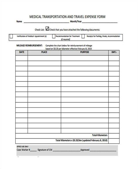 sample medical expense forms   ms word