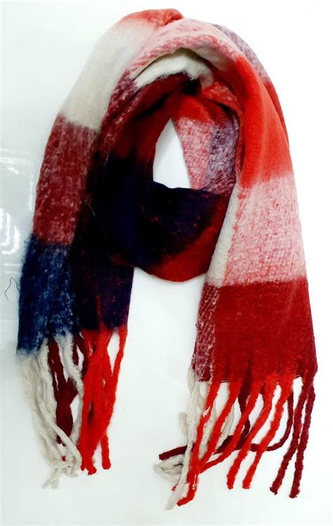 bolcom warme dames sjaal wintersjaal roodblauwen wit