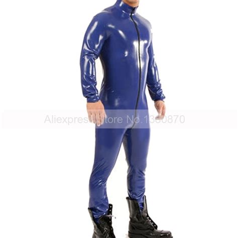 dark blue male latex catsuit with front zip rubber tight bodysuit club
