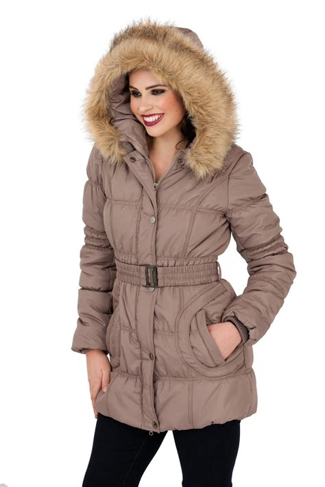 womens mid length padded parka coat faux fur hooded jacket ladies size