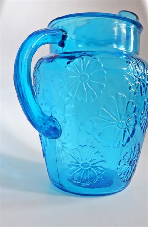 Buy Vintage 60s Embossed Floral Cobalt Blue Glass Water Pitcher Online