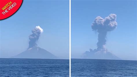 stromboli volcano erupts in giant plume of smoke in front of shocked
