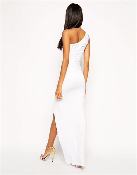 lyst asos exclusive one shoulder maxi bodycon dress in white