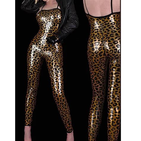 sexy leopard faux leather jumpsuit catsuit club wear erotic night club