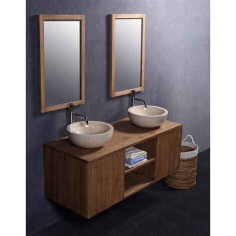 ensemble salle de bain en bois de teck suspendu  vasques miroir bois dessus bois dessous