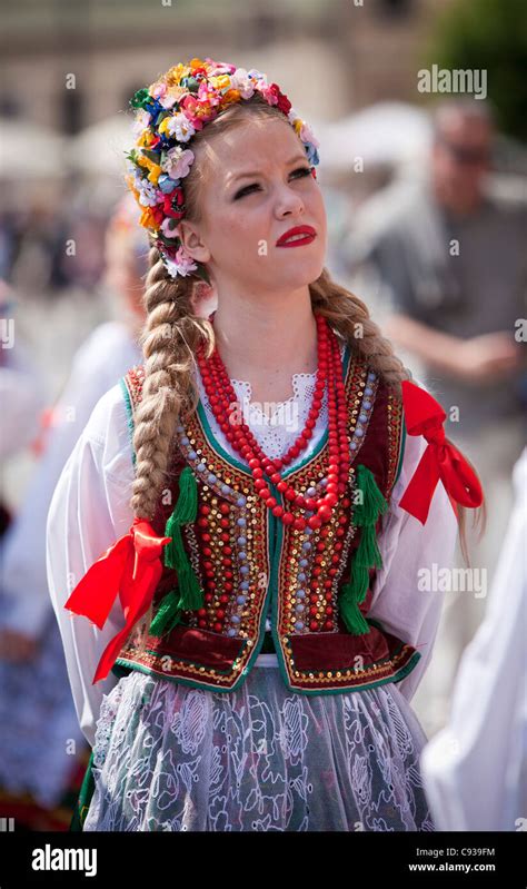 Poland Cracow Polish Girl In Traditional Dress Preparing To Dance In