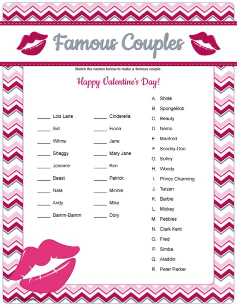 famous couples game printable valentines game    put