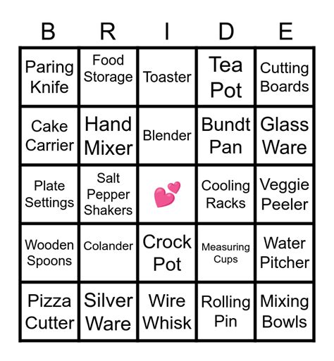 bridal shower bingo card
