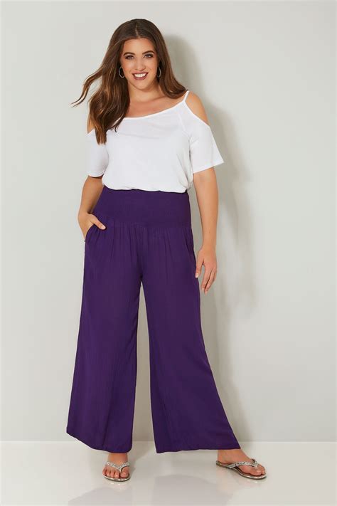 purple crinkle wide leg trousers  ruched elasticated waist panel  size