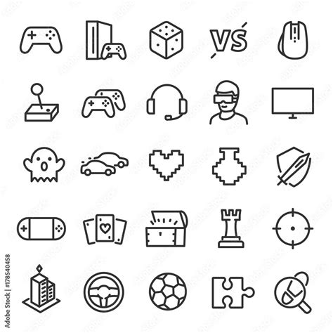 video games icon set game genres  attributes linear design lines