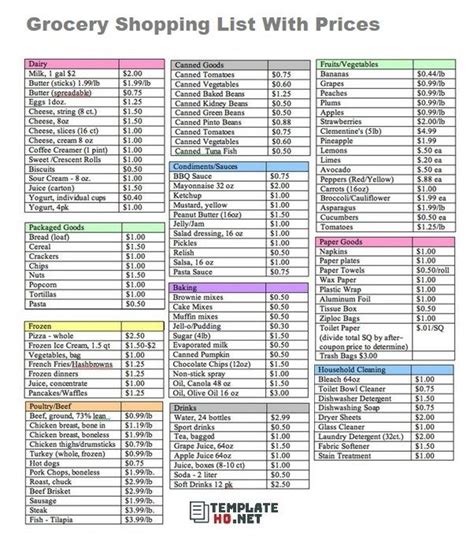 grocery shopping list  prices shopping list grocery grocery list template grocery