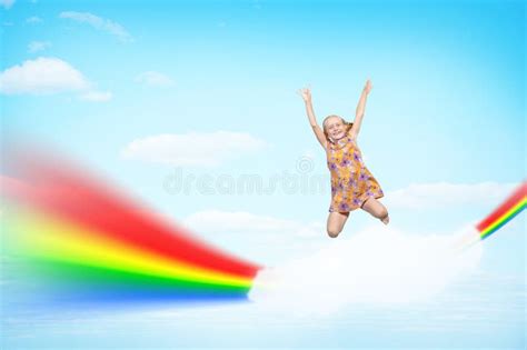 girl jumping  clouds   rainbow stock image image