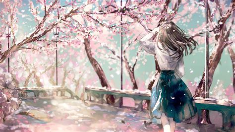 wallpaper anime girls sakura tree pink flowers    hd
