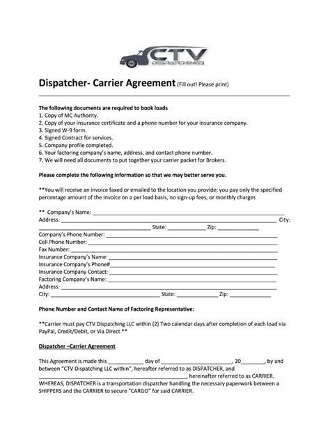 dispatcher carrier agreement template fill  printable fillable blank pdffiller