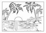 Coloring Island Paradise Beach Landscapes Tropical Adults Pages Landscape Adult Palm Trees Surfboard Setting Sun sketch template