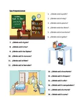 preposiciones prepositions  spanish worksheet  jer tpt