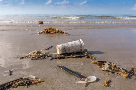 praia suja ou lixo derramado na praia foto premium