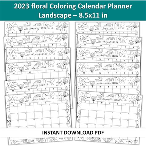 printable  floral coloring calendar planner dated monthly etsy