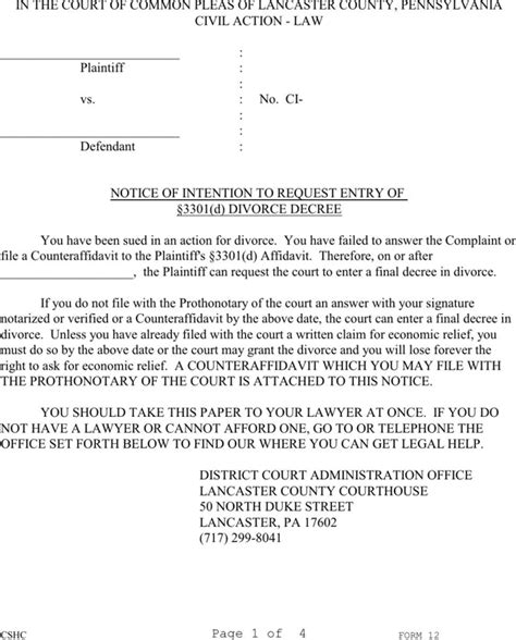 pennsylvania divorce form   page  formtemplate
