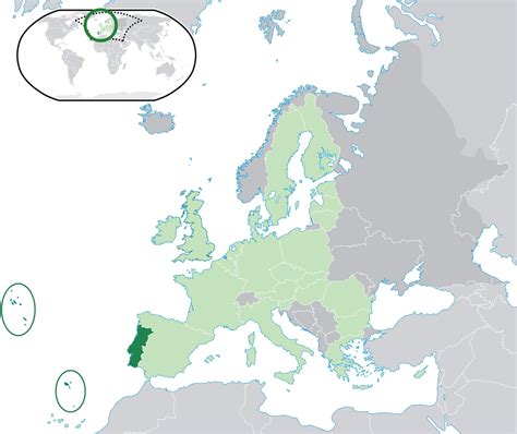 portugal op de wereldkaart omringende landen en ligging op de kaart van europa