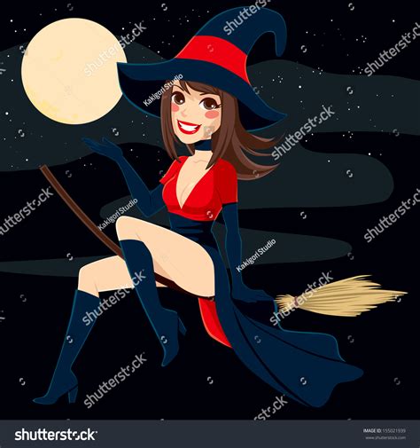 Sexy Brunette Witch Flying On A Broom Over A Full Moon Night Background