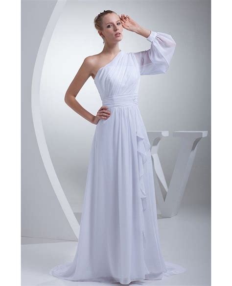 Grecian One Sleeve White Chiffon Long Beach Wedding Dress Op4431 151