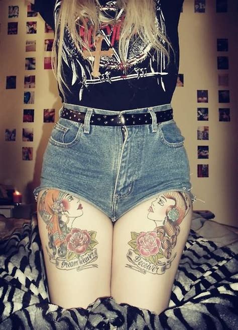 Girls Heads Tattoos On Thigh  500×694 Cute Thigh Tattoos Thigh