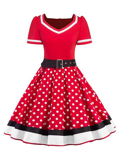joineles red polka dot vintage dress women summer a line party dress v