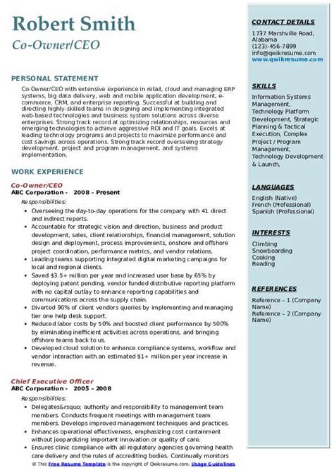 ceo resume samples  master  template document