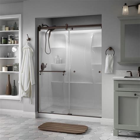 delta portman      semi frameless contemporary sliding shower door  bronze