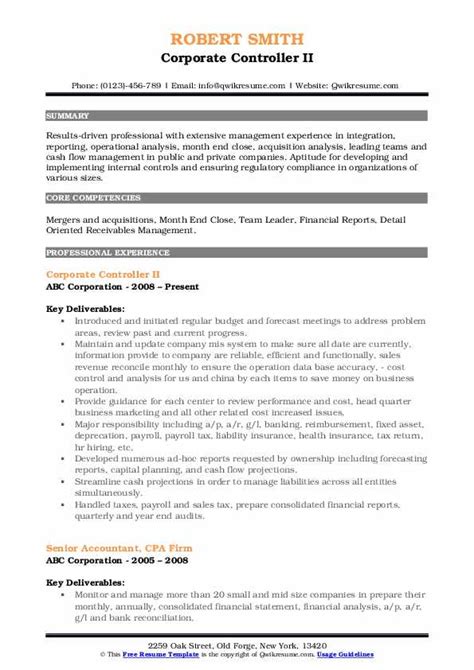 corporate controller resume samples qwikresume