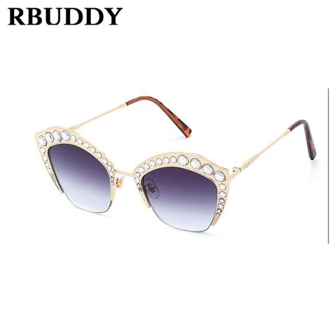 Rbuddy Rhinestone Cat Eye Women Sunglasses Butterfly Brand