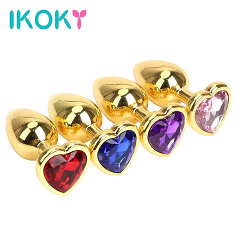 Ikoky Gold Metal Butt Plug Anal Plug Jewelry Crystal Heart Shaped