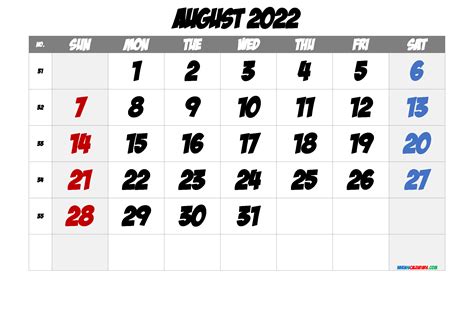 printable  august calendar