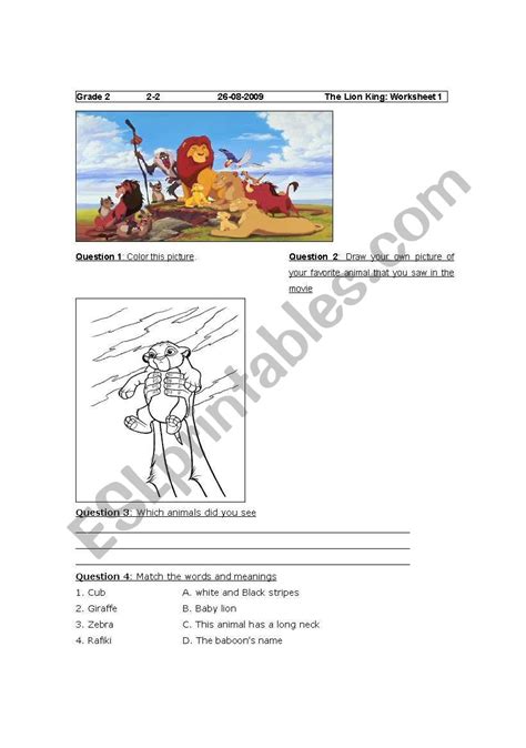 english worksheets  lion king