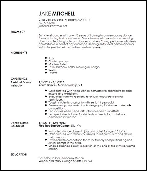 entry level dancer resume template resume