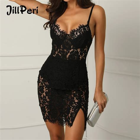 jillperi new women sexy v neck black lace dress sleeveless high waist