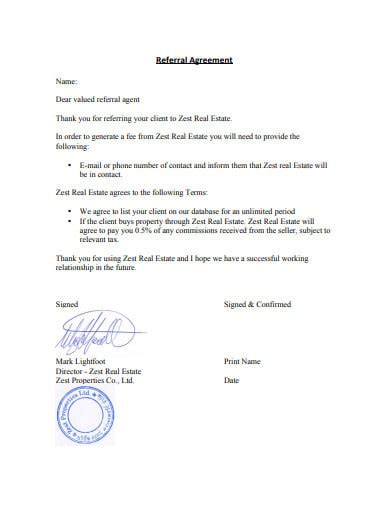 real estate referral agreement templates
