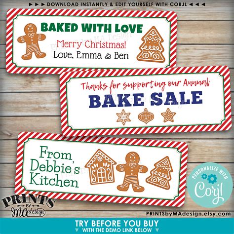 editable christmas cookie labels personlaized  mas bake sale etsy