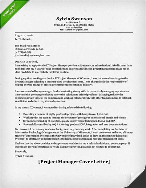 product manager  project manager cover letter samples resume genius