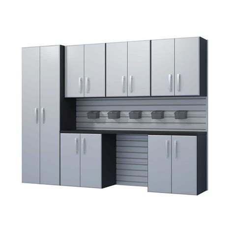 flow wall modular wall mounted garage cabinet storage set  additional storage bins  silver