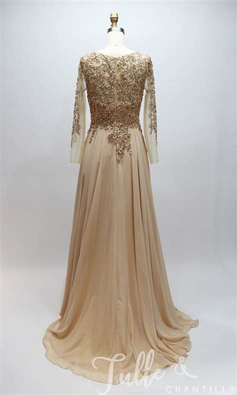 gold elegant long chiffon tulle mother   bride dress  beading sequins mother