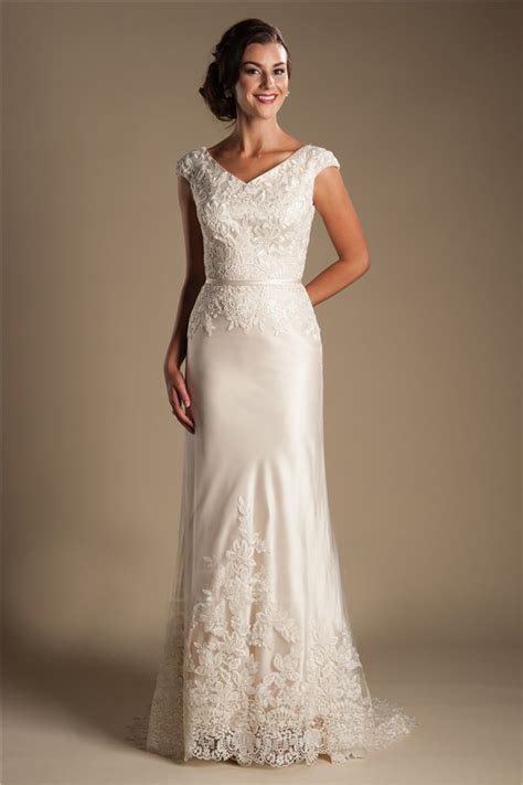 Modest V Neck Cap Sleeve Champagne Satin Lace Wedding