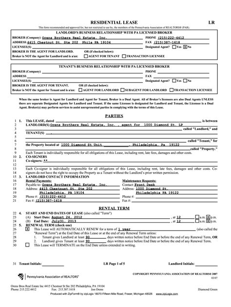 pa lease agreement template  template