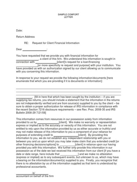 sample comfort letter cpa response  financial inquiry
