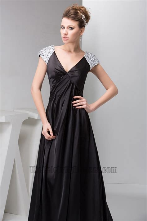 Long Black Cap Sleeves Formal Gown Evening Prom Dresses