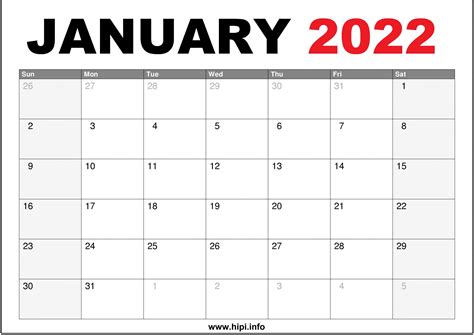 january  calendar  printable hipiinfo